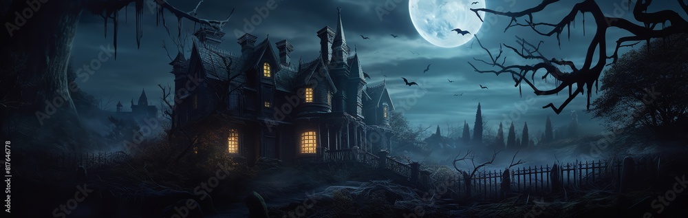 Fototapeta premium Explore a haunted mansion where ghostly apparitions with hollow eyes and sorrowful faces linger in the shadows, trapped in the mortal realm.