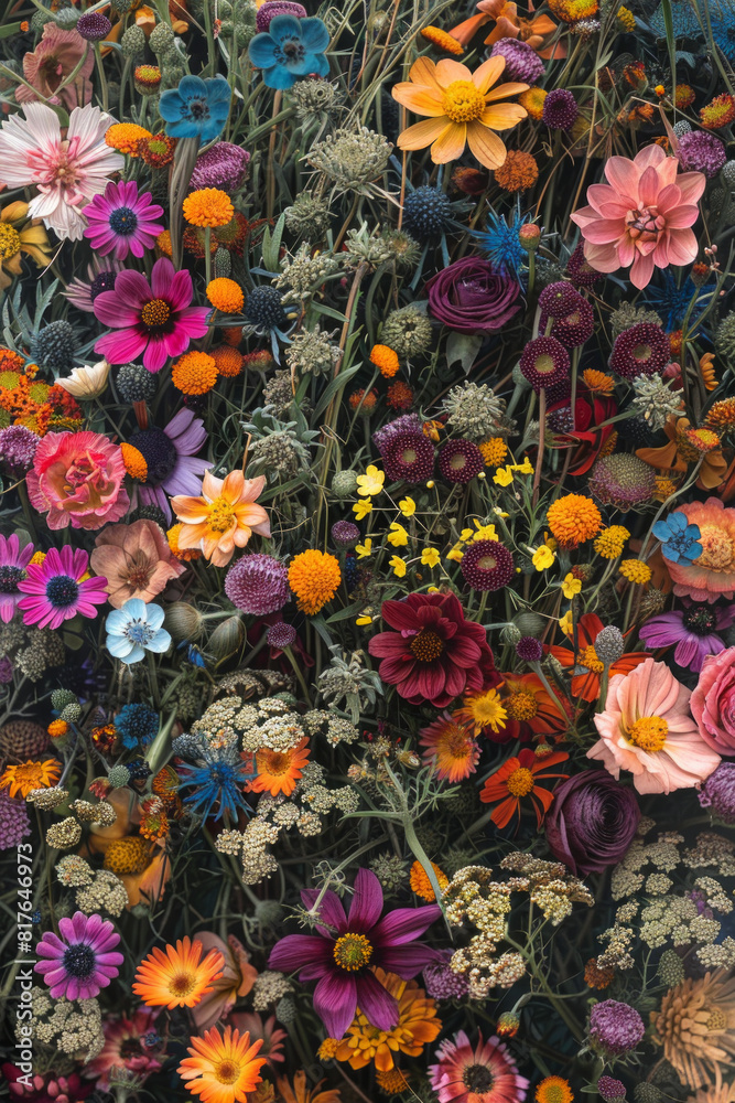 An overhead view of a field of wildflowers, with petals of varying textures and colors creating a vibrant landscape. 