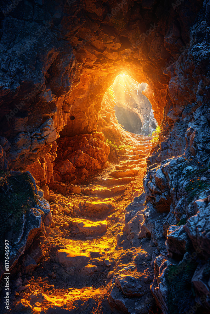 An ancient cave tunnel with rough, uneven surfaces, partially illuminated by a warm, golden light, creating a sense of depth and mystery