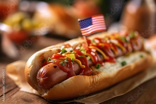 Closeup of a hotdog with a small American flag stuck in the top bun 