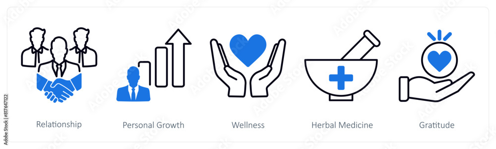 A set of 5 Wellness icons as relationship, personal growth, wellness A set of 5 Wellness icons as relationship, personal growth, wellness
