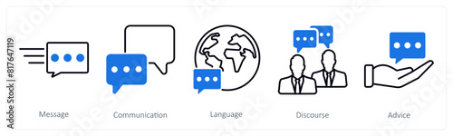A set of 5 communication icons as message, communication, language