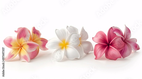 A variety of Frangipani and plumeria flowers in different colors grouped together on a white background.