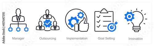 A set of 5 Project Management icons as manager, outsourcing, implementation