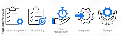 A set of 5 Project Management icons as project management, goal setting