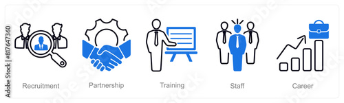 A set of 5 recruitment icons as recruitment, partnership, training