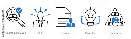 A set of 5 recruitment icons as search employee, skills, resume