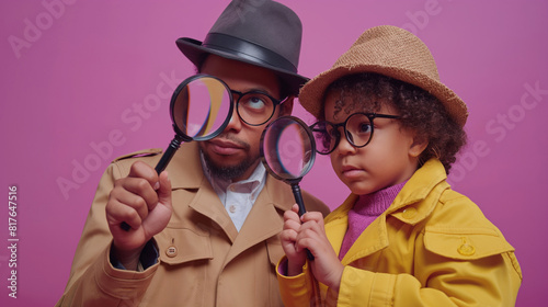 Father and child in detective outfits with magnifying glasses, mystery theme, purple gradient background 