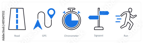 A set of 5 Running icons as road, gps, chronometer