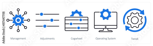A set of 5 Settings icons as management, adjustments, cogwheel