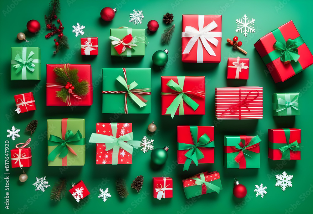 A red and green gift boxes with Christmas decorations in the background A red and green gift boxes with Christmas decorations in the background