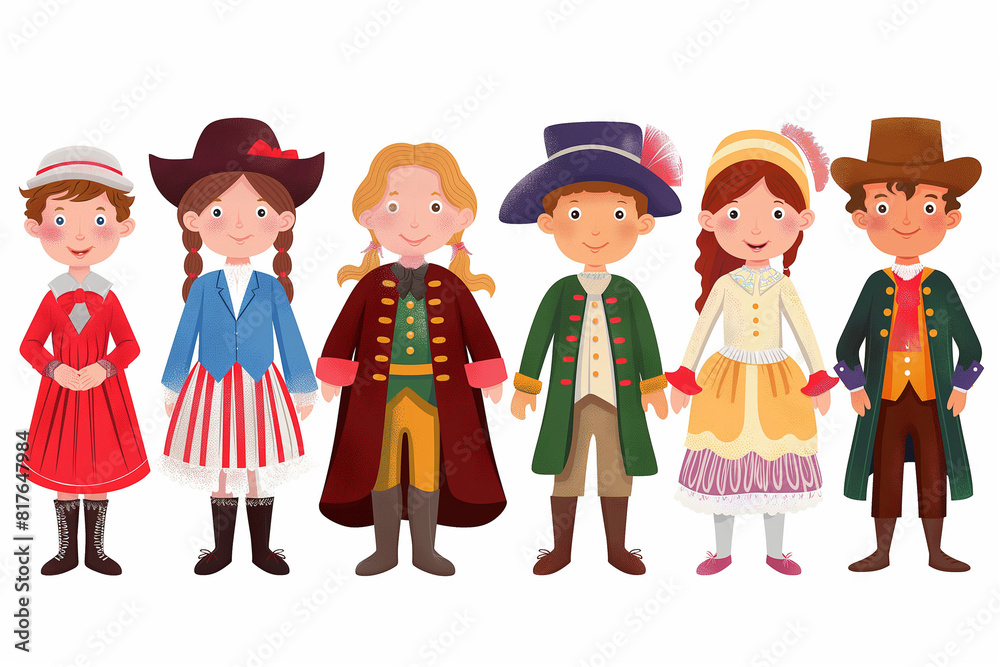 Illustration of children dressed as historical American figures, vibrant cartoon style, isolated on white 
