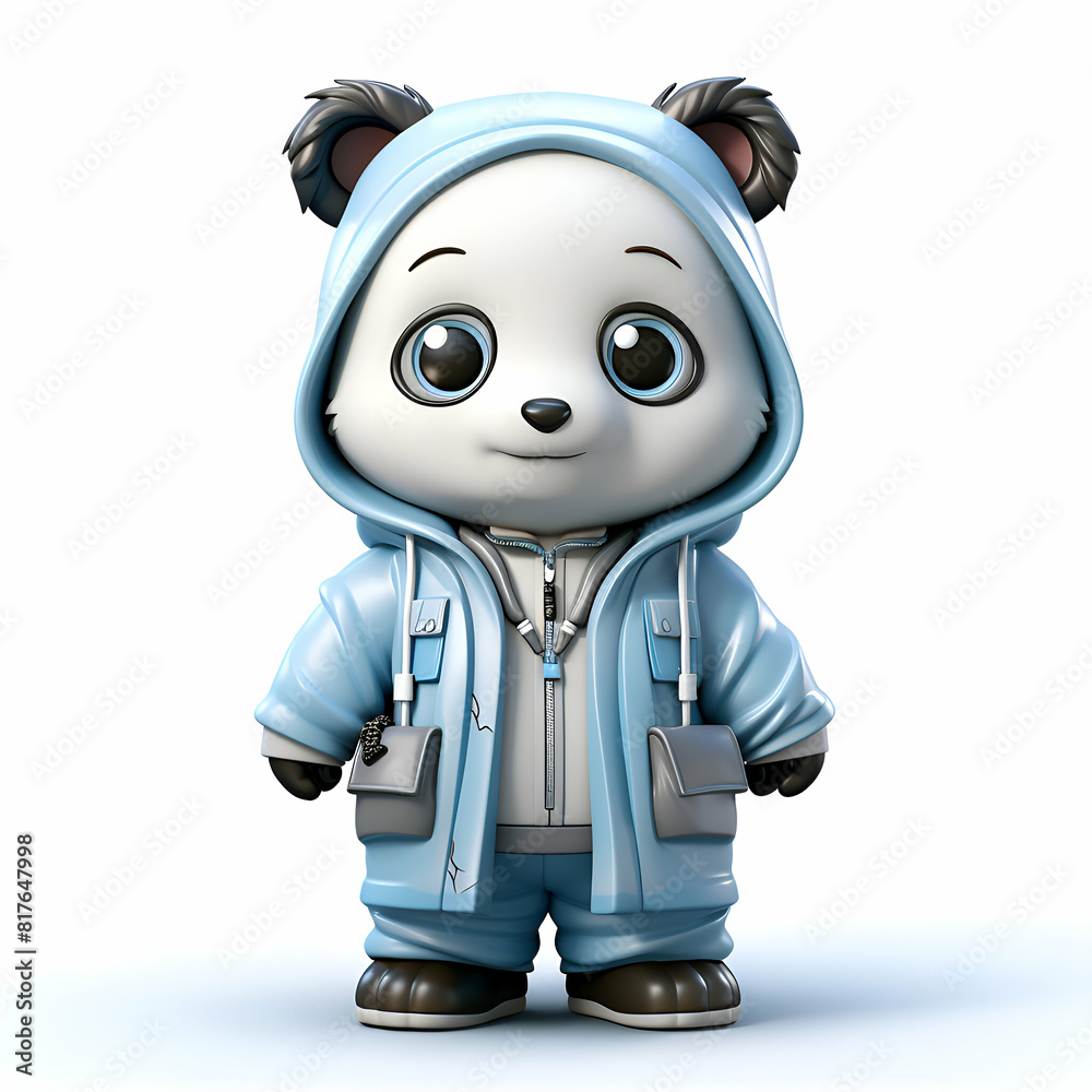 Panda wearing a blue raincoat with a backpack on his back Panda wearing a blue raincoat with a backpack on his back