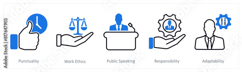 A set of 5 Soft Skills icons as punctuality, work ethics, public speaking