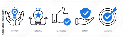 A set of 5 Success icons as strategy, potential, motivation