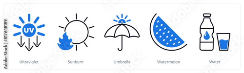 A set of 5 Sun Protection icons as ultraviolet, sunburn, umbrella