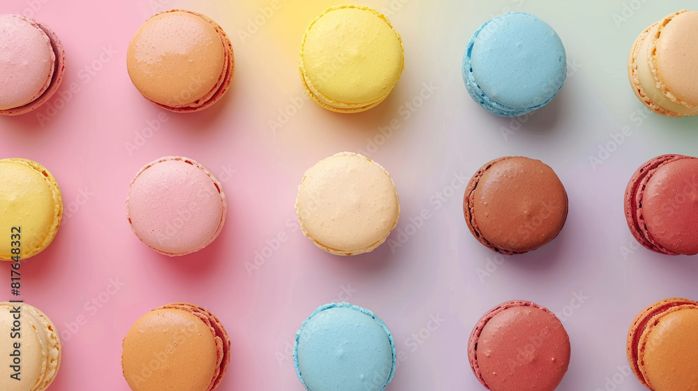 Fototapeta premium Overhead view of a colorful assortment of macarons on a pastel gradient background 