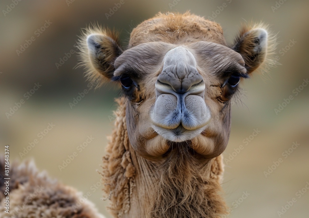 Obraz premium Close-up Portrait of a Camel with Soft Background in Natural Habitat