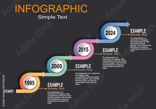 Vector infographic with spheres and arrows on a gray-black background with space for text showing timeline, order of steps, planning, presentation, education, finance, banking, modern style.