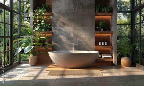 Luxurious modern bathroom with wooden accents and lush garden view