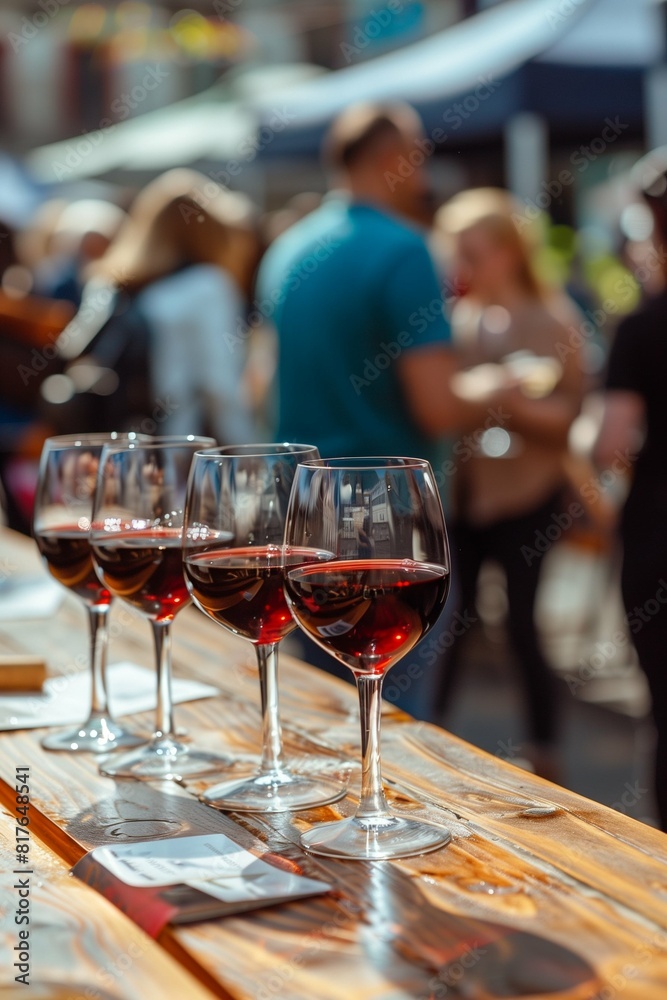Several glasses of red wine on the cafe's outdoor table for tasting. Summer terrace. Wine tasting. A fair, a holiday in the background. The urban landscape. Several glasses of red wine on the cafe's outdoor table for tasting. Summer terrace. Wine tasting. A fair, a holiday in the background. The urban landscape.