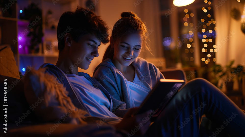 Side view of two teenagers watching a video recommended by an AI on a tablet, in a cozy room 