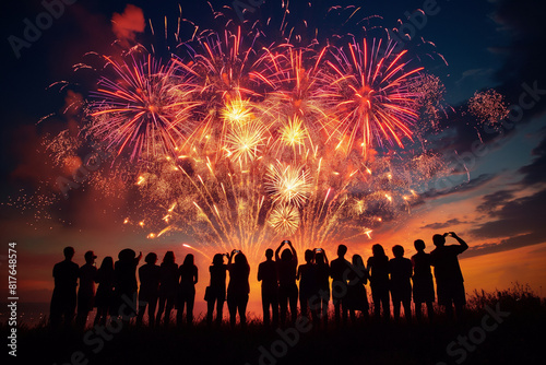 Silhouette of a crowd watching grand fireworks, with one firework forming the outline of the USA 
