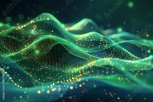 Abstract Green Wavy Lines with Particle Dots and Illumination on Dark Blue Background Abstract