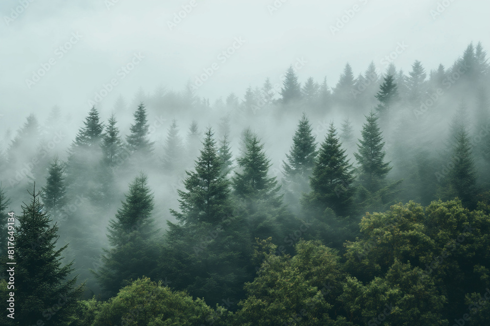 Trees shrouded in mist, contrasting with clear sky above, symbolizing air purification 