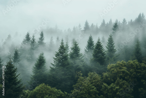 Trees shrouded in mist  contrasting with clear sky above  symbolizing air purification 