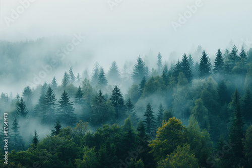 Trees shrouded in mist  contrasting with clear sky above  symbolizing air purification 