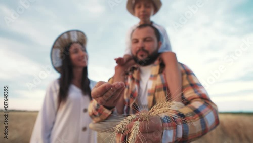 Family walk man son mom on nature at summer. Father holding boy on shoulders, walking on field checks ripening wheat with haystacks, playing with child. People enjoying nature, parenting childhood. photo