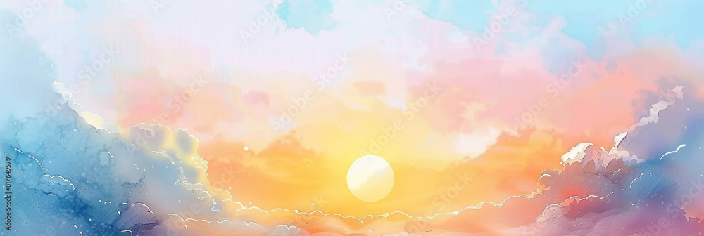 watercolor beautiful sunset clouds with sun shining through fog 