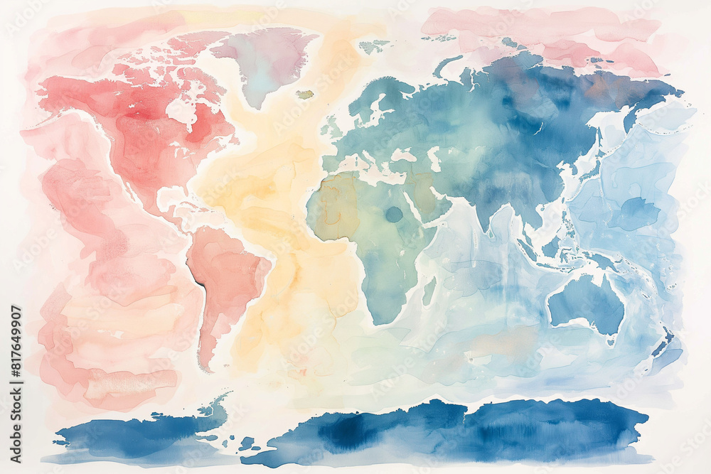 Obraz premium Watercolor map of the world in soft hues, educational and decorative 