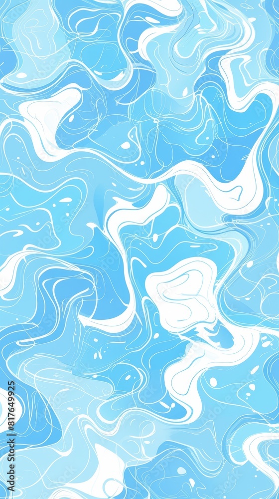 Fototapeta premium Seamless Pattern with Wavy Digital Ripples, Their Motion Frozen in White Lines on a Blue Background, in a Flowing Minimalist Style with Papercut and Plant Illustrations. The Design Utilizes Vector 