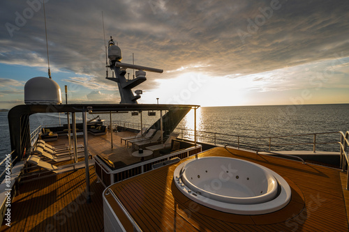 sundeck of luxury motor yacht anchored in Komodo - Indonesia