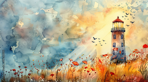 Watercolor of a lighthouse with a beam of flowers instead of light  #817650103