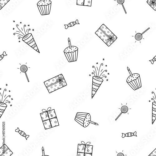 Seamless pattern Set of Birthday. Vector illustration, party concept. Background wallpaper elements decorations, balloon, cake, gifts, fireworks.