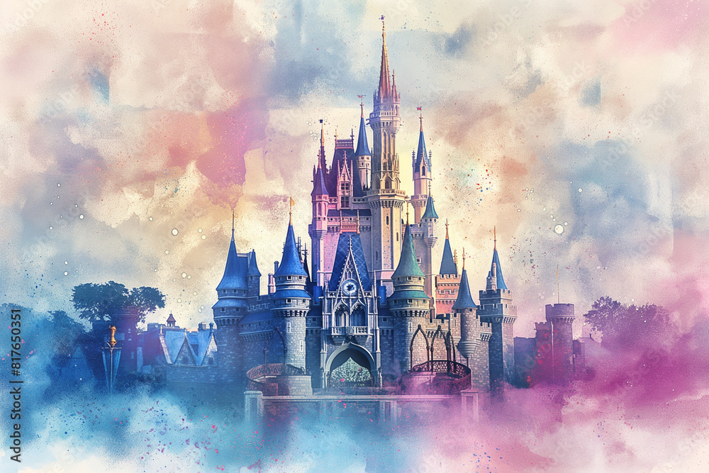 Fototapeta premium Whimsical watercolor fairy tale castle in pastel tones, magical and inspiring 