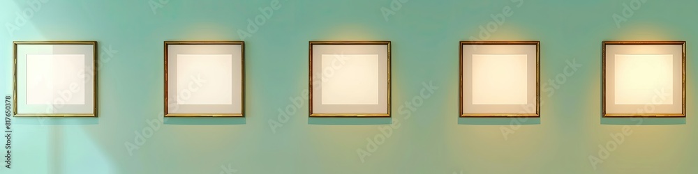  Serene Gallery Space: Five Empty Oak Frames on Light Pastel Green Wall in Evenly Lit Room