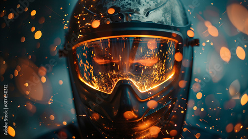 Welder's mask with a reflection of welding sparks, focused and intense environment  photo