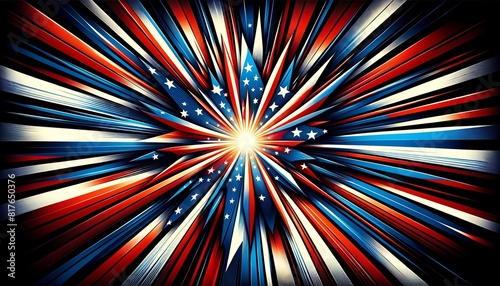 Patriotic burst: american flag eruption. American flag bursting forth in a dynamic display of red, white, and blue on a black background, symbolizing patriotism and national pride.