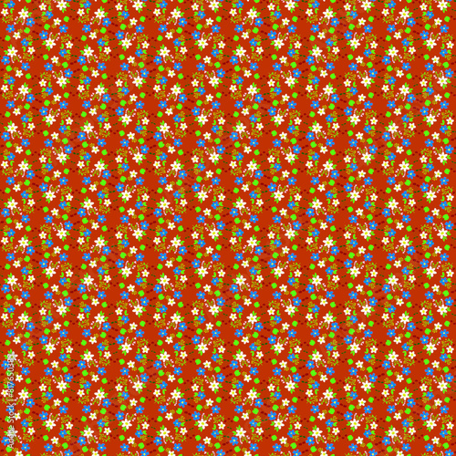 Bright bold small floral fruit pattern for summer Tiny white daisies, blue cornflowers, green apples, red ripe cherries on a red Decorative styled florals small scale print Rustical background 