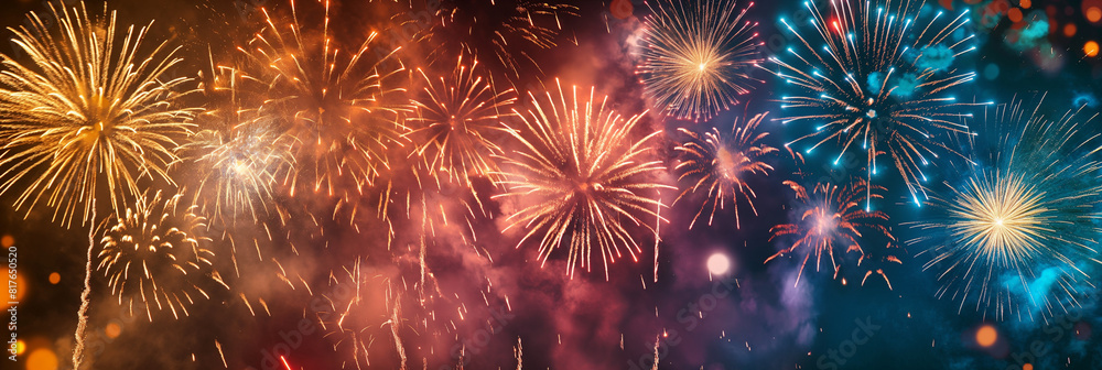 Wide angle view of fireworks in unusual shapes like animals and symbols, vibrant colors Wide angle view of fireworks in unusual shapes like animals and symbols, vibrant colors