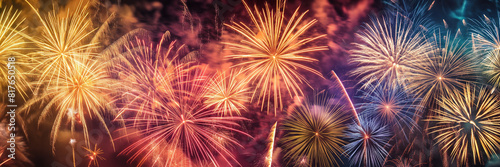 Wide angle view of fireworks in unusual shapes like animals and symbols, vibrant colors  photo