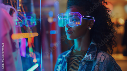 Wide-angle shot of a young woman receiving fashion advice from a holographic AI assistant 