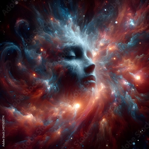 AI generated illustration of a celestial face surrounded by stars and nebulas