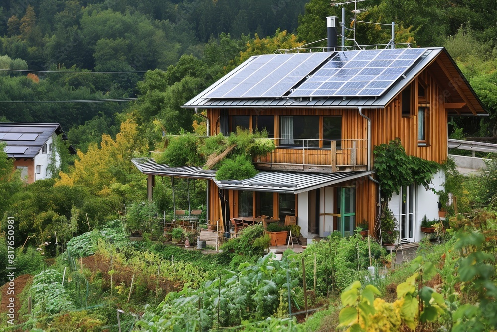 A minimalist, eco-friendly home with solar panels and a vegetable garden, Modern Eco-Friendly Home with Solar Panels and Greenery, Ai generated A minimalist, eco-friendly home with solar panels and a vegetable garden, Modern Eco-Friendly Home with Solar Panels and Greenery, Ai generated