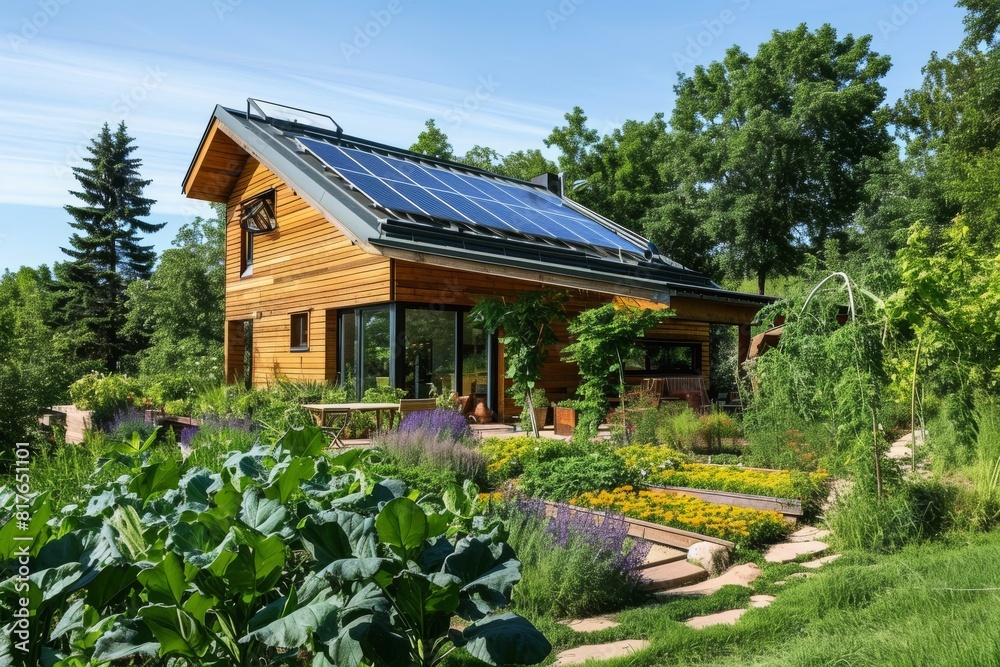 A minimalist, eco-friendly home with solar panels and a vegetable garden, Modern Eco-Friendly Home with Solar Panels and Greenery, Ai generated A minimalist, eco-friendly home with solar panels and a vegetable garden, Modern Eco-Friendly Home with Solar Panels and Greenery, Ai generated