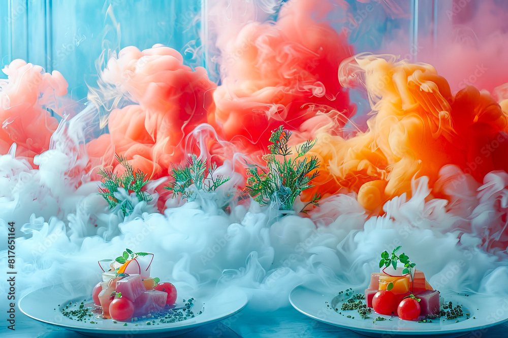 Vibrant surrealistic scene of a banquet table enveloped in multicolored smoke